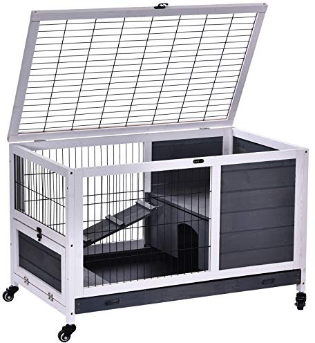 PawHut Wooden Rabbit Hutch Guinea Pigs House Bunny Small Animal Cage Openable Roof Portable Indoor Enclosed Run 90 x 53 x 59 cm White