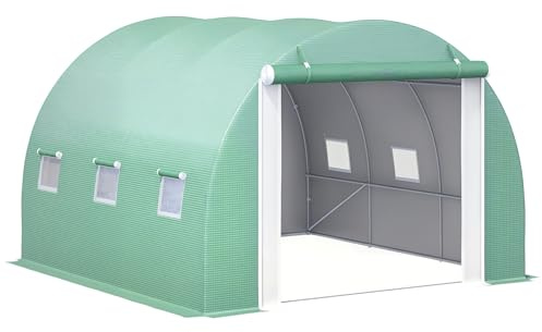 Outsunny Serra per Orto 3x3x2m, Serra a Tunnel da Giardino con 1 Porta e 6 Finestre, Doppia Copertura in PE e Tessuto Non Tessuto, Struttura in Acciaio
