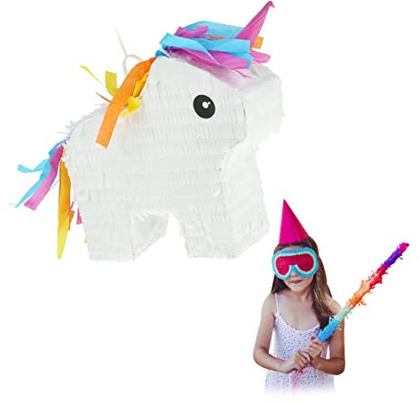 Relaxdays Mini-Pinata Einhorn, zum Befüllen, Geburtstag Mädchen, zum Aufhängen, HBT 25x24x7 cm, Regenbogen, Kinder, bunt
