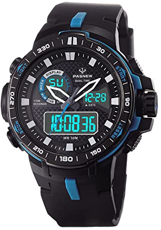 PASNEW Watch with Stopwatch Alarm Calendar,Dual Display Large Dial Sport Watch,Outdoor 30M Waterproof for Teens Boy's Wrist Watch Black