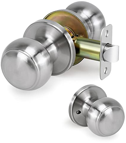 LOQRON Pomo de puerta de paso, cerradura de puerta interior sin bloqueo, manijas redondas para pasillos laterales derecho e izquierdo, pomos de armario, accesorios sin llave, níquel satinado, 1