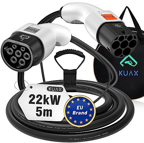 KUAX Typ 2 Ladekabel 22KW 3 Phasen Ladekabel mit 32A, 5M, 22KW, IP54, IEC-62196-2 geeignet für Model S/3/X/Y | e-Golf/e-UP/ID.3 | i3/i8 (Weiß)
