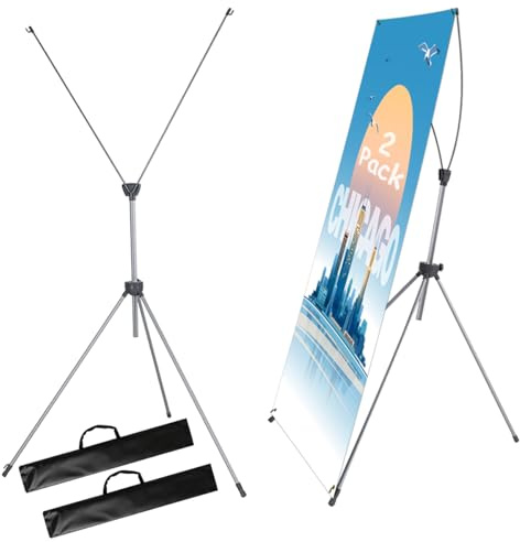 2 Pack X Frame Banner Stand Fits Any Banner Adjustable Size 23X63 to 32X78 with Portable Retractable Carrying Bag, Customize Stand for Trade Show Exhibition Market and Store Display,Silver