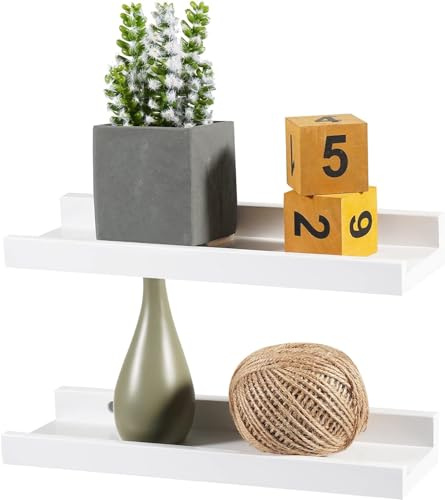 Recogwood 30x10cm White Solid Oak Floating Shelves, Wall Mounted Display | Premium 2-pack natural wood shelf with rustic texture. Sturdy picture ledge for home office, living room and kitchen.