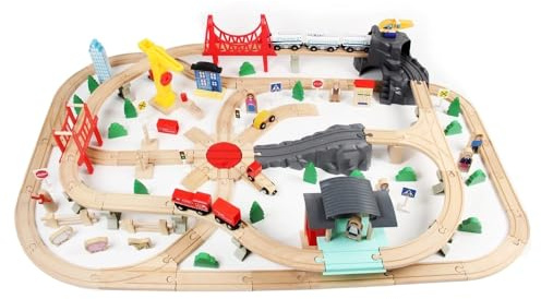 Bandits & Angels Holzeisenbahn-Set Stadt 130 Teile ab 3 Jahren für Jungen und Mädchen – Holzeisenbahn-Set mit 130 Teilen – Eisenbahngleise für Kinder – viel Zubehör