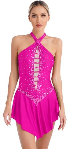 CHICTRY Damen Ballettkleid Tanzkleid Strass Glitzer Ballettanzug Mit Rock Neckholder Eiskunstlauf Kleid Ärmellos Body Tanztrikot Wettbewerb Performance Bekleidung B_Hot Pink M