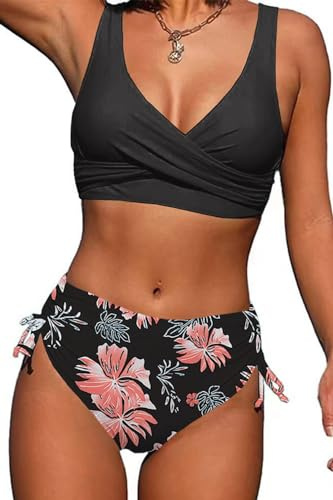 CheChury Bikini Mujer Traje de Baño de Cintura Alta Vintage Cuello en V Push Up Relleno Tops y Lateral con Cordones Braguitas Conjunto de Bikini de Color Sólido