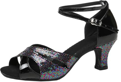 WUIWUIYU Women's Ankle Strap Dance Shoes for Ballroom Salsa Tango Flamenco Latin Paso Doble Footwear Size 1 Black(Rubber Sole)