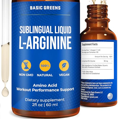 BASIC GREENS L-Arginine Liquid Nitric Oxide Supplement for Men and Women – Non-GMO Vegan for Circulation, Endurance, Energy, Stamina, Performance and Workout – 2 fl oz