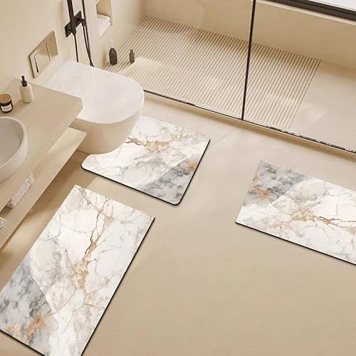 Tappeto Bagno Marmo Beige Dorato Tappeti Bagno 3 Pezzi Asciugatura Rapida Diatomite Facile da Pulire Doccia Antiscivolo Assorbente Set Tappeti 3 Pezzi