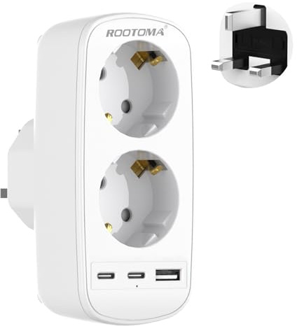 Adaptador Enchufe UK, Adaptador Enchufe Europeo/Español a Reino Unido con 1 USB A y 2 USB C, Tipo G Plug para Ingles, Inglaterra, Londres, Irlanda, Escocia, 13A/3250W