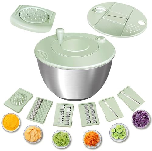 Souvik Centrifuga per Insalata 5L in Acciaio Inox – Asciuga Insalata Multifunzione con Coperchio, Pulsante Stop, Centrifuga per Lattuga con Scarico, Base Antiscivolo, Lavabile in Lavastoviglie
