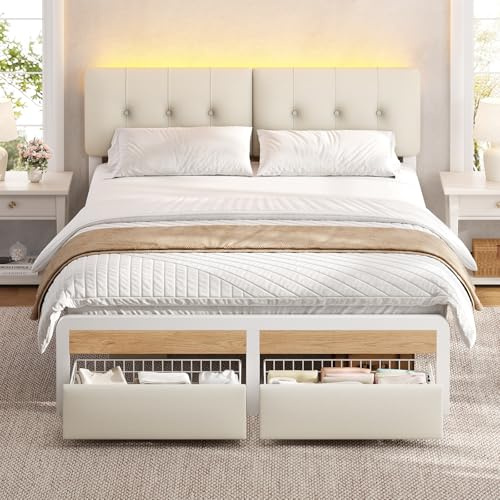 KIMENICH Lit 140x190 avec Sommier et Éclairage LED, Lit Double 140x190 avec 2 Tiroirs, Cadre de Lits avec Sommier à Latte en Métal, Tête de Lits Réglable en 3 Hauteurs, Capitonnée en Lin Blanc