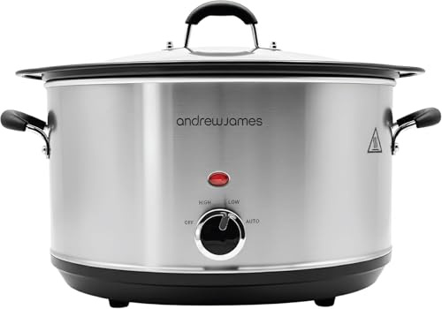 Andrew James 6.5L Slow Cooker – Sear-to-Simmer - Large Hob-Proof Aluminium Pot, Shatter-Resistant & Easy-Clean Design 3 Heat Settings & Glass Lid, Ideal for Family Meals, Curries & Batch Cooking