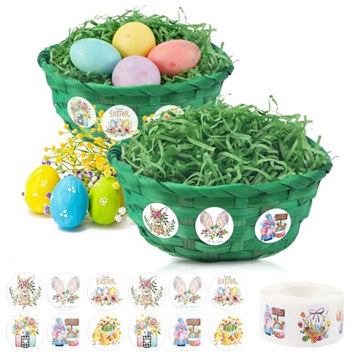 2 cestini pasquali, cesto regalo di Pasqua con erba decorativa e adesivi, cestini pasquali in bambù intrecciato per decorare le uova di Pasqua