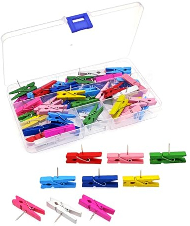JZK Lot de 50 punaises multicolores en bois, mini pinces à linge colorées, pinces à main, pinces à pouce pour tableau d'affichage, tableau d'affichage, tableau de vision