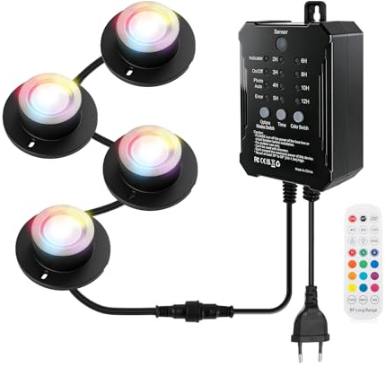 Teichbeleuchtung LED Unterwasserbeleuchtung, RGBW Farbe ändernde intelligente Niederspannungs Gartenbeleuchtung, IP68 Wasserdicht für Garten, Patio, Baum, mit Fernbedienung, 5m Kabel, 4 Stück