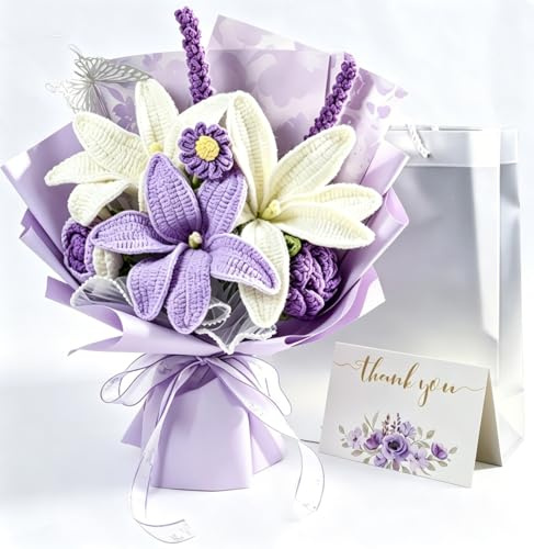 Handmade Crochet Flower Bouquet - Knitted Lily with Butterfly & Gift Bag | Sturdy Standing Base Artificial Floral Arrangement, Unique Anniversary Birthday Gift for Her