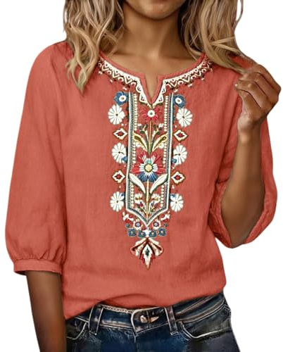 Camicia Lino Donna Estive Elegante Camicetta Manica 3/4 Curvy Scollo a V Ricamo Etnico Boho Camicie Casual Allentate Blusa Top Traspirante Camicette da Lavoro Magliette di Base Leggera e Comoda