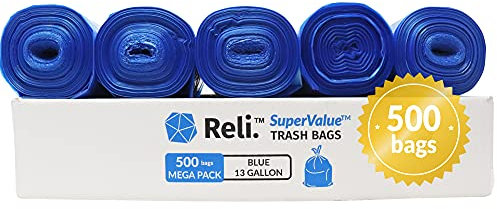 Reli. SuperValue 13 Gallon Recycling Bags (500 Count, Bulk) Blue Trash Bags 13 Gallon - Garbage Bags (13 Gal - 16 Gal Tall Kitchen Garbage Bags in Bulk), Blue
