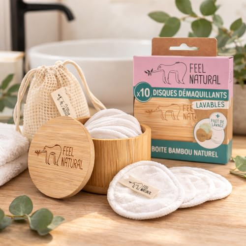 Set boîte Bambou + 10 disques démaquillants Coton+ Filet de lavage Feel Natural