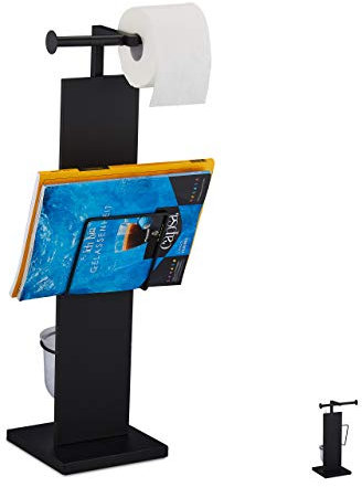 Relaxdays Portarrollos y Escobillero Baño, Soporte Rollo WC, Escobilla y Revistero, de Pie, Metal, 70x25,5x20 cm, Negro