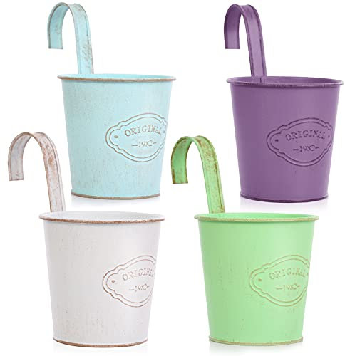 CITÉTOILE 4er Set Hängender Blumentopf mit Drainageloch, Bunter Metall-Blumentopf mit Abnehmbar Haken, Vintage Style Dekotation Balkon Garten Wand Zaun Draussen Innenwand, Modell-02