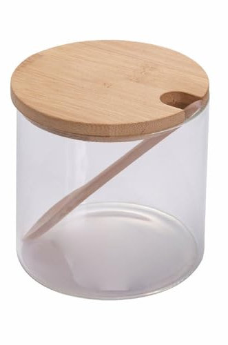 Villa d'Este Home Tivoli Azucarero de cristal de borosilicato con tapón y cucharilla de bambú, 500 ml, medidas: Ø 9,6 x h 9,8 cm