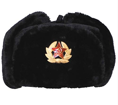 Loxdonz Ushanka Cappello militare russo con paraorecchie e distintivo sovietico, cappello da sci Trapper per l'inverno, nero, Taglia unica