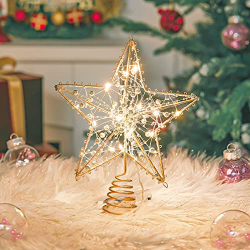 Qivange Christmas Tree Topper Star,Christmas Tree Decorations Star Gold Christmas Decorations Glittering Star with 20 LED Lights,Xmas Tree Decorations Star Ornaments for the Home Xmas Party Decor