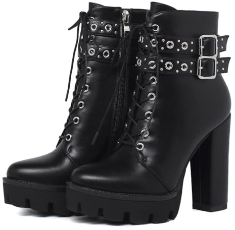 KiutSymo Gothic Ankle Boots For Women Studded Buckle Straps Chunky High Heels Platform Boots Lace Up Sexy Punk Combate Boots, Black, 5 UK