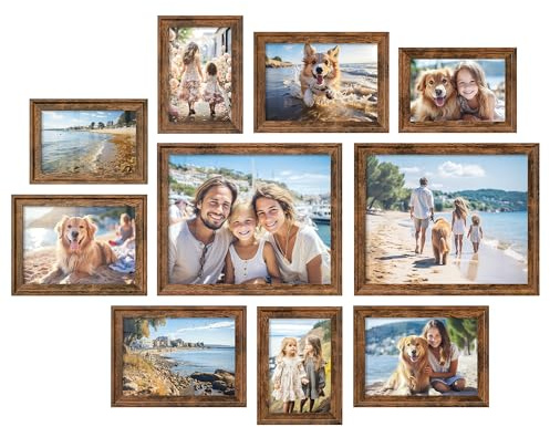 SONGMICS Picture Frames with 16 Mats, Set of 10 Collage Photo Frames, Two 8x10, Four 5x7, Four 4x6 Frames, Hanging or Table Display, Glass, 12 Non-Trace Nails, Rustic Brown URPF049X01