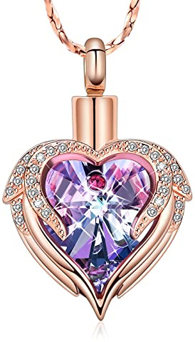 Minicremation - Collana in acciaio inossidabile con urna a forma di cuore con ali di angelo per ceneri, pendente per ceneri umane, memoriale per donne, Acciaio inossidabile Zirconia cubica Pietra