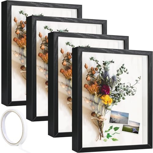 4 Pack Shadow Box Frame, 8*10 Shadow Boxes Display Cases Black 3D Wood Deep Shadow Box Glass Shadow Boxes with Adhesive Tape for Photos, Dried Flowers, Handicrafts Picture Frame