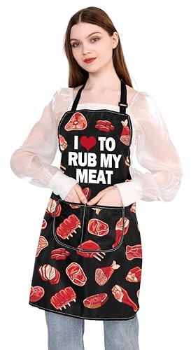 PLITI Funny Barbecue Apron BBQ Gift Grill Master Gift I Love To Rub My Meat Butt Pork Quote Apron Grilling Cooking Gift