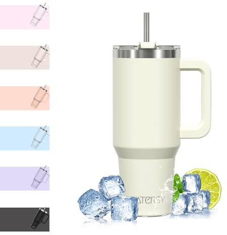 WATERSY Travel Mug Coffee Cup 30oz Tumbler Straw Lid and Handle, Stainless Steel Double Wall Vacuum Insulated Coffee Water Bottle Thermal for Cold Hot Coffee 891ml Cream White