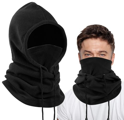 Sombrero de invierno de forro polar con capucha Risipu, máscara facial térmica para hombres y mujeres, gorro con bufanda, capucha con calentador de cuello, máscara de esquí a prueba de viento, Negro