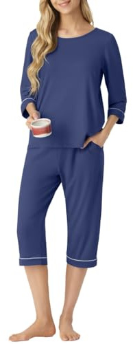 PrinStory Ensemble pyjama pour femme - Col rond - Manches 3/4 - Vêtement de nuit - Vêtement de détente - Avec poches