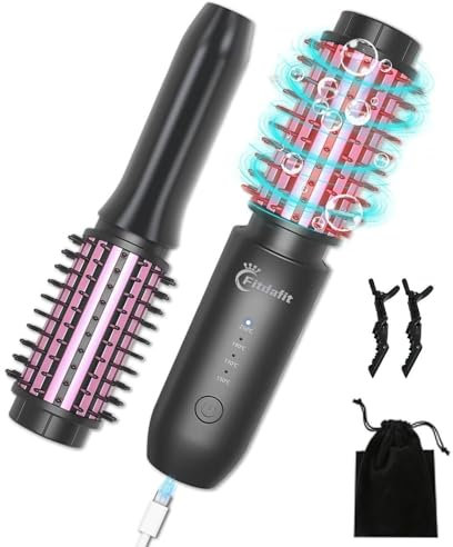 Cordless Hair Curling Iron Brush, 1.5 Mini Cordless Hair Curler, 3-in-1 Travel Curling Brush Hair Straightener Comb Rechargeable, 7000mAh Portable Ionic Heated Curling, Black