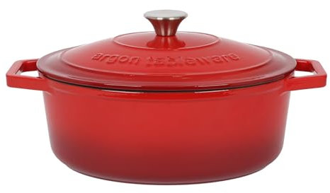 Argon Tableware 4.68L Oval Cast Iron Casserole Dish with Self-Basting Lid - Red Ombre - 2.3L & 4.68L Induction Hob Cooking 4.84QT Dutch Oven Bread Baking Serving Roasting Stew Stock Pot Cookware Pan