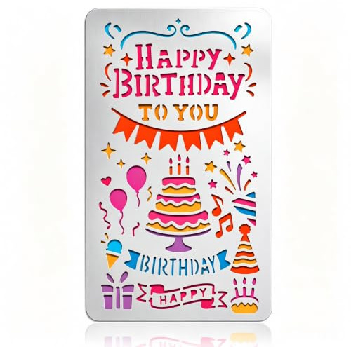 UNICRAFTALE Birthday Pattern Metal Stencil Birthday Cake Banner Stainless Steel Template Photo Album Stencil Reusable Cutting Dies Drawing Stencils Template for DIY Decorative Embossing Paper Card
