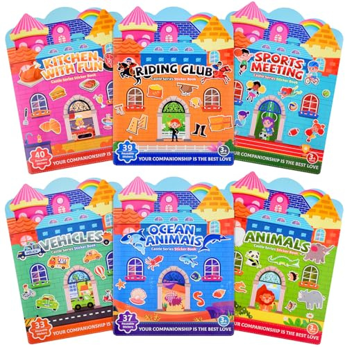 ASTARON 6 Pack de libros de pegatinas reutilizables para niños, juego educativo de pegatinas 3d, juguete de aprendizaje sensorial, libro de actividades de viaje para niños de 3-4 años