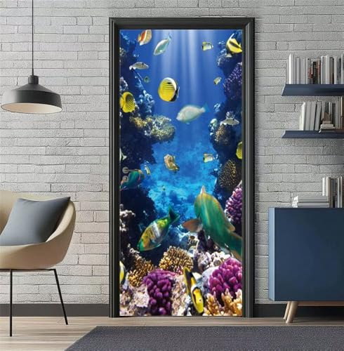 Vinilo para Puertas 3D Adhesivo Fotográfico Pegatina Peces Mundo Marino Puerta Pegatina Pared Murales Pegatinas Decorativas para Puertas Interior del Dormitorio Sala de Estar Póster 77X200cm -DS1586