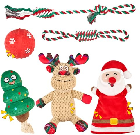 Arblina Juguetes para Perros de Navidad, Juego (6 Unidades) para Perros pequeños y Grandes, Juegos interactivos para Perros con chirridos, Cuerda de Juguete, Pelota de Goma y