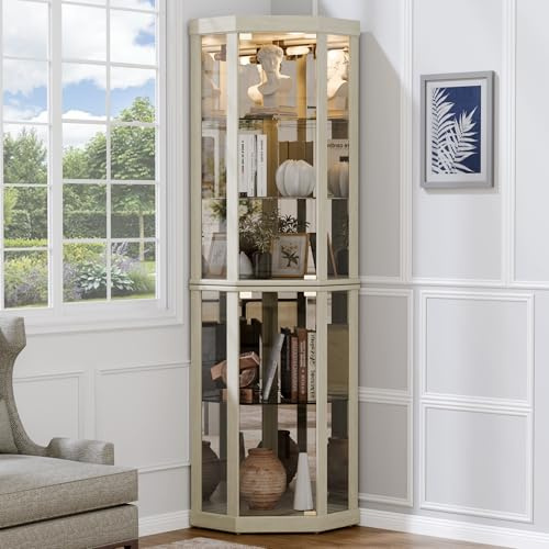 Trygoal Lighted Corner Display Cabinet, Glass Display Curio Cabinet with Tempered Glass Doors, Wooden Display Case with Light Bulb for Living Room, Dining Room, Antique White