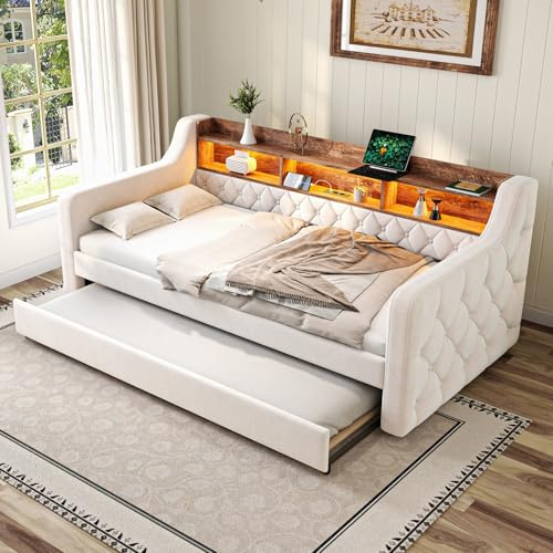 Sweiko Canapé-lit Compact en Velours 90 x 190 cm avec Rangement, éclairage d'ambiance LED et Port USB-C, Beige