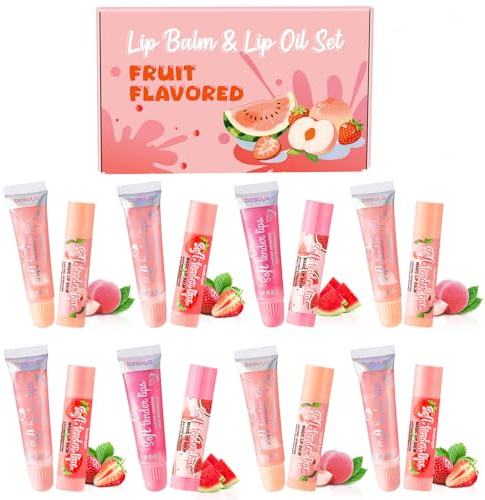 Set de soins pour les lèvres, 8 brillants à lèvres + 8 baumes à lèvres, Set de brillants à lèvres et baumes à lèvres fruités pour lèvres sèches et craquelées, soins pour les lèvres, petits cadeaux