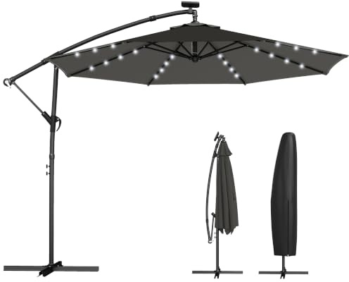 Outsunny Ombrellone a sbalzo LED solare Ø300 cm 360° rotante Grigio scuro