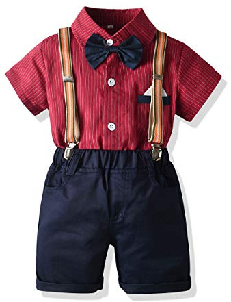 UUAISSO Enfant en Bas âge Bébé Garçon Gentleman Tenues à Manches Courtes Body Chemises Jarretelles Pantalon été Infantile Petit Garçon Costumes rayures rouges 18-24 mois