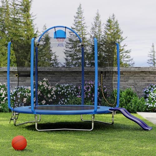Fulasofia 10FT Hexagonal Trampoline for Kids with Slide, Basketball Hoop & Ball, Safety Enclosure Net, Jumping Mat, Safety Pad, Ladder – Outdoor Garden Backyard Rebounder for Toddlers and Children